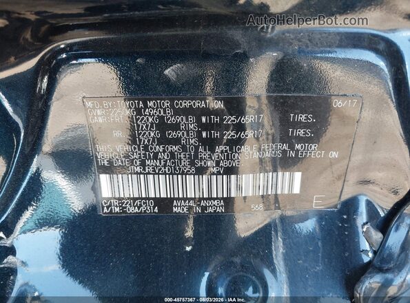JTMRJREV2HD137958 2017 TOYOTA RAV4 HYBRID Blue Widok komory silnika