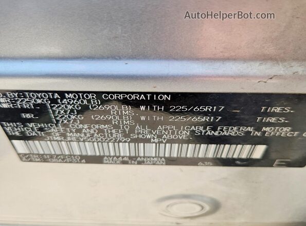 JTMRJREV5GD022799 2016 TOYOTA RAV4 Silver Widok naklejki z numerem VIN