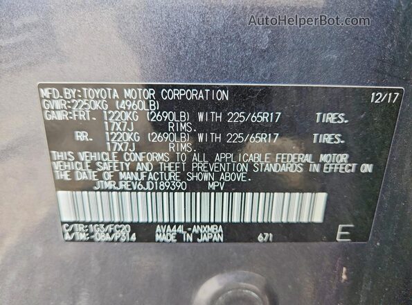 JTMRJREV6JD189390 2018 TOYOTA RAV4 Gray Vista de la etiqueta del VIN