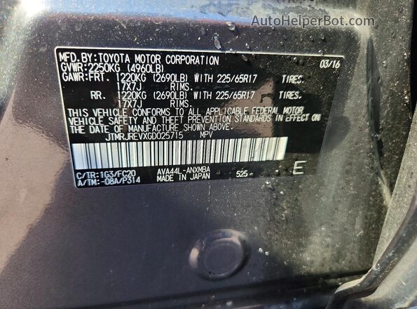 JTMRJREVXGD025715 2016 TOYOTA RAV4 Gray Vista de la etiqueta del VIN