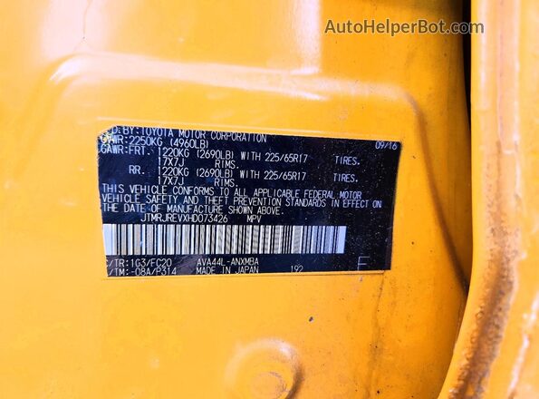 JTMRJREVXHD073426 2017 TOYOTA RAV4 Yellow VIN კოდის სტიკერის ხედი
