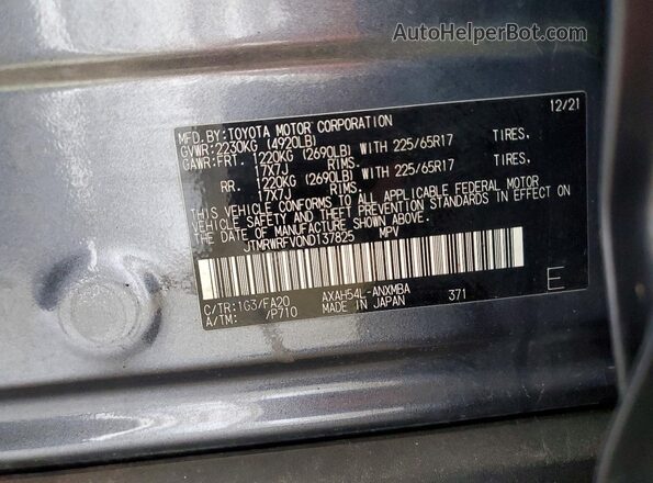 JTMRWRFV0ND137825 2022 TOYOTA RAV4 Gray Вид наклейки з VIN-кодом