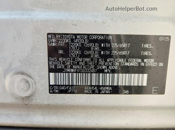 JTMRWRFV1SD332487 2025 TOYOTA RAV4 White VIN sticker view