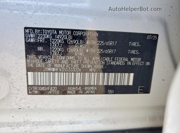JTMRWRFV3SD333026 2025 TOYOTA RAV4 White Widok naklejki z numerem VIN