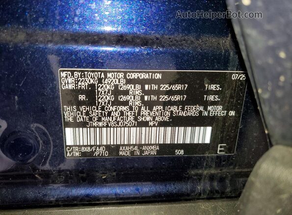 JTMRWRFV8SJ075071 2025 TOYOTA RAV4 Синий Вид наклейки с VIN-кодом