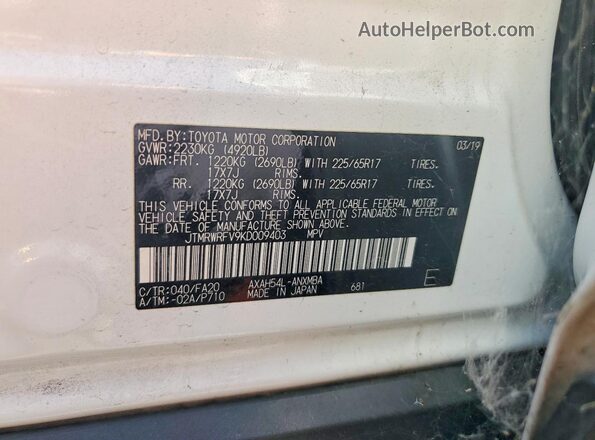 JTMRWRFV9KD009403 2019 TOYOTA RAV4 White Շարժիչի բաժամունքի տեսք