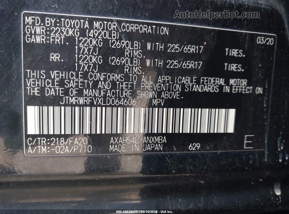 JTMRWRFVXLD064606 2020 TOYOTA RAV4 HYBRID Black Շարժիչի բաժամունքի տեսք
