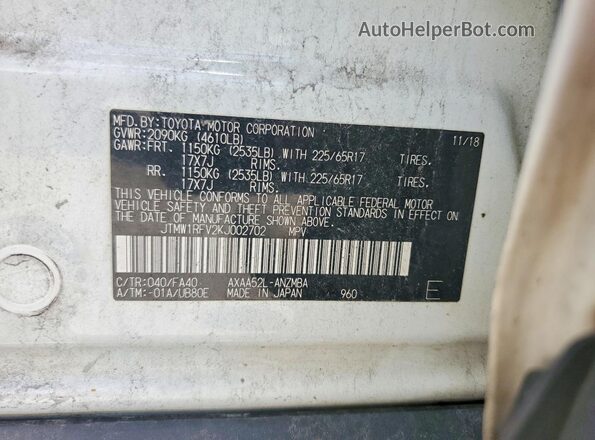 JTMW1RFV2KJ002702 2019 TOYOTA RAV4 Белый Вид наклейки с VIN-кодом