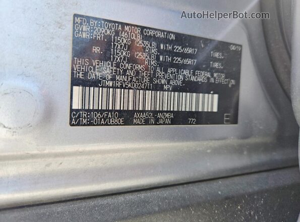 JTMW1RFV5KD024711 2019 TOYOTA RAV4 Silver Vista de la etiqueta del VIN