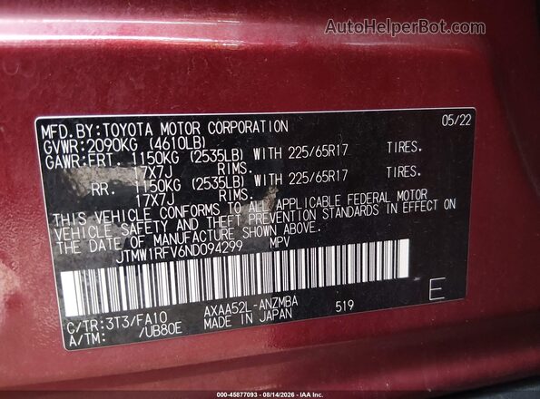 JTMW1RFV6ND094299 2022 TOYOTA RAV4 Maroon Widok komory silnika