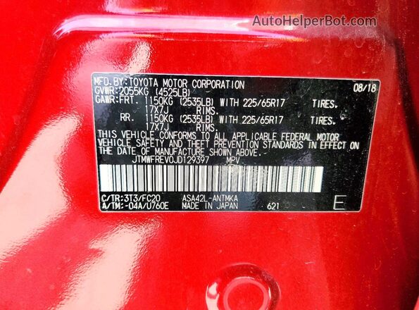 JTMWFREV0JD129397 2018 TOYOTA RAV4 Red VIN sticker view