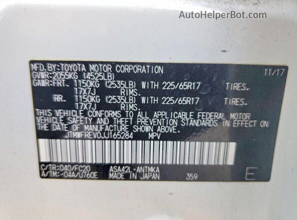 JTMWFREV0JJ165284 2018 TOYOTA RAV4 Белый Вид наклейки с VIN-кодом