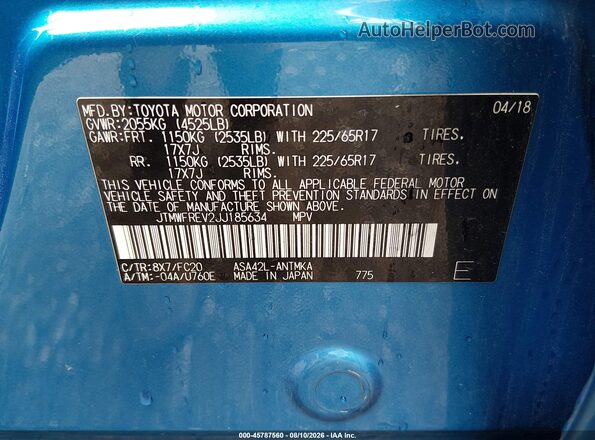 JTMWFREV2JJ185634 2018 TOYOTA RAV4 Blue Շարժիչի բաժամունքի տեսք