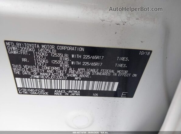 JTMWFREV5JD133610 2018 TOYOTA RAV4 White ძრავის განყოფილების ხედი
