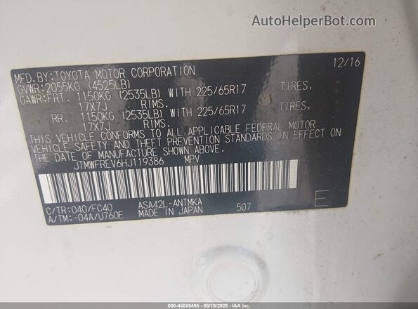 JTMWFREV6HJ119386 2017 TOYOTA RAV4 White Vista del compartimento del motor