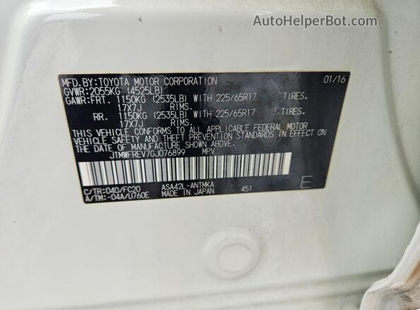 JTMWFREV7GJ076899 2016 TOYOTA RAV4 White VIN sticker view