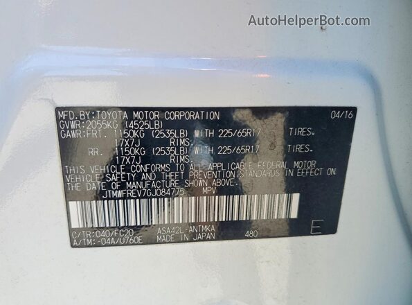 JTMWFREV7GJ084775 2016 TOYOTA RAV4 White VIN sticker view