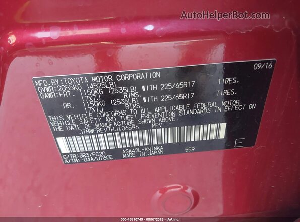 JTMWFREV7HJ106596 2017 TOYOTA RAV4 Red Շարժիչի բաժամունքի տեսք