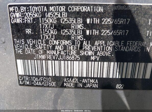 JTMWFREV7JJ186875 2018 TOYOTA RAV4 Silver Շարժիչի բաժամունքի տեսք