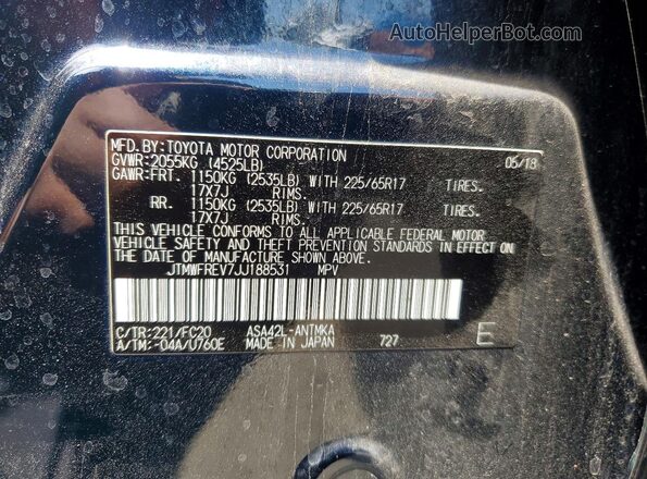 JTMWFREV7JJ188531 2018 TOYOTA RAV4 Blue VIN კოდის სტიკერის ხედი