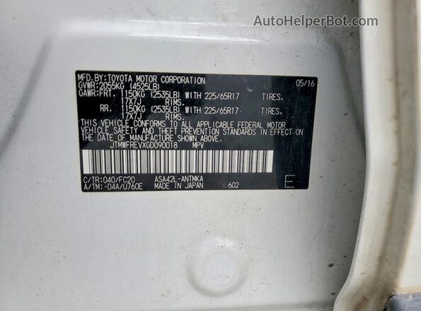 JTMWFREVXGD090018 2016 TOYOTA RAV4 White Vista de la etiqueta del VIN