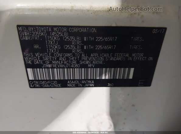 JTMWFREVXHJ714080 2017 TOYOTA RAV4 White Engine compartment view
