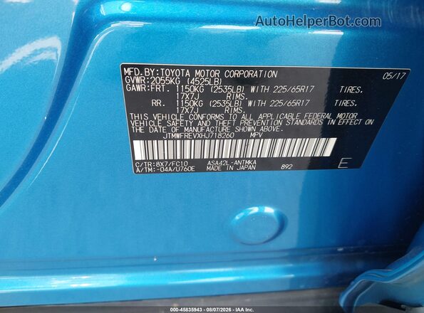 JTMWFREVXHJ718260 2017 TOYOTA RAV4 Blue Vista del compartimento del motor