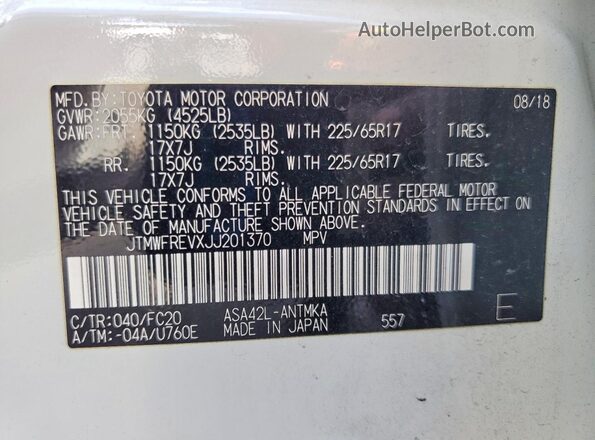 JTMWFREVXJJ201370 2018 TOYOTA RAV4 White Widok naklejki z numerem VIN