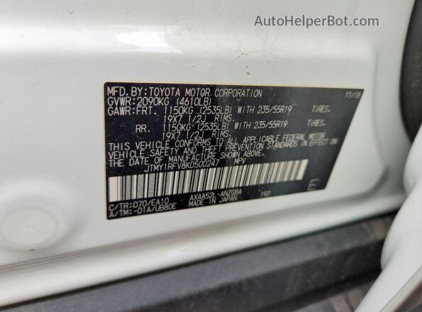 JTMY1RFV8KD500247 2019 TOYOTA RAV4 Белый Вид наклейки с VIN-кодом