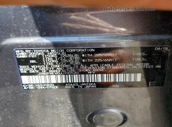 JTMZFREV0JJ742540 2018 TOYOTA RAV4 Gray VIN sticker view