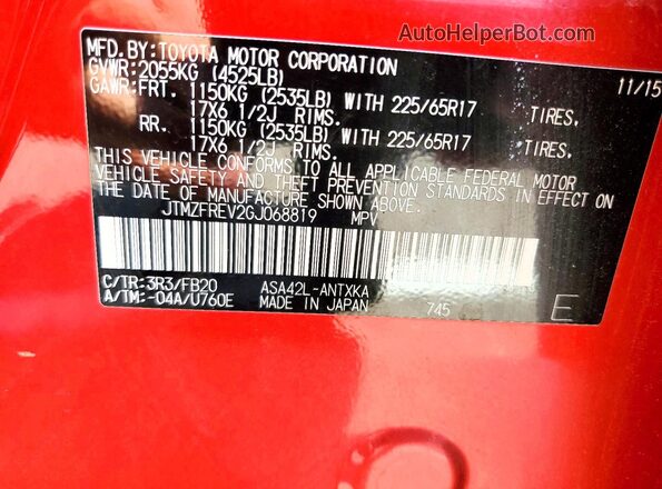 JTMZFREV2GJ068819 2016 TOYOTA RAV4 Red Вид наклейки з VIN-кодом