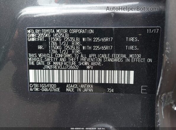 JTMZFREV3JJ728602 2018 TOYOTA RAV4 Gray Շարժիչի բաժամունքի տեսք