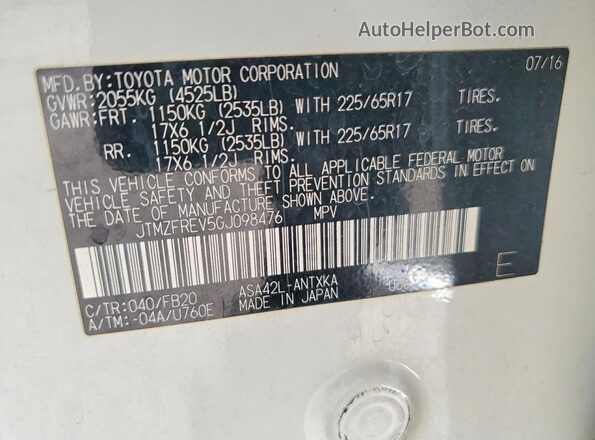 JTMZFREV5GJ098476 2016 TOYOTA RAV4 White Widok wnętrza 360 stopni