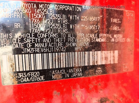 JTMZFREV6HJ119742 2017 TOYOTA RAV4 Red Вид наклейки з VIN-кодом