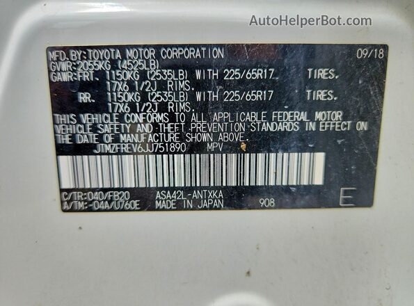 JTMZFREV6JJ751890 2018 TOYOTA RAV4 White Vista de la etiqueta del VIN