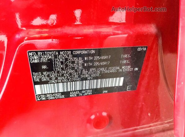 JTMZFREV8GJ079940 2016 TOYOTA RAV4 Red VIN კოდის სტიკერის ხედი