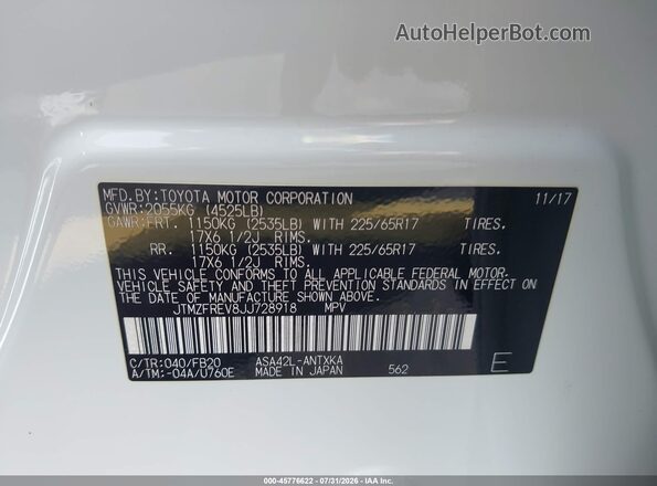 JTMZFREV8JJ728918 2018 TOYOTA RAV4 White Engine compartment view