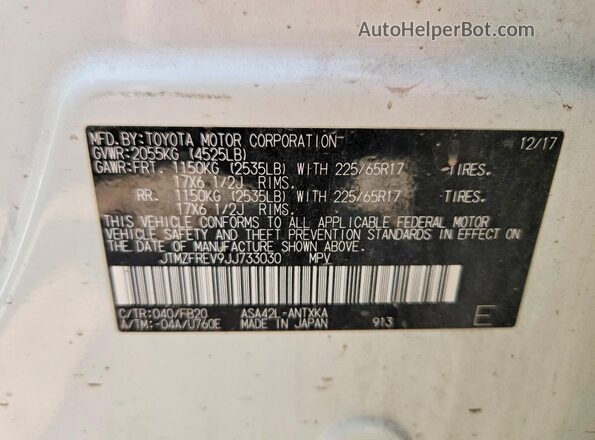 JTMZFREV9JJ733030 2018 TOYOTA RAV4 White VIN կոդի պիտակի տեսք
