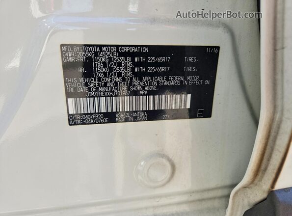 JTMZFREVXHJ701987 2017 TOYOTA RAV4 White Vista de la etiqueta del VIN