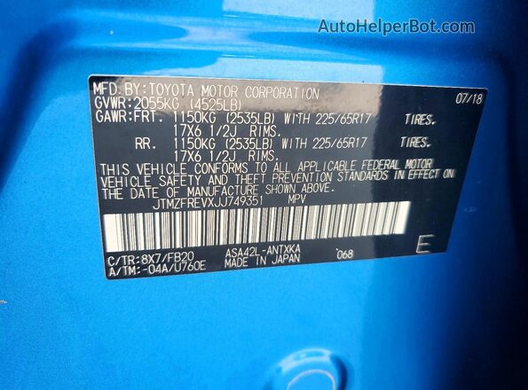 JTMZFREVXJJ749351 2018 TOYOTA RAV4 Синий Вид подкапотного пространства