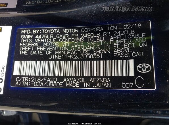 JTNB11HK2J3058351 2018 TOYOTA CAMRY Black Widok komory silnika