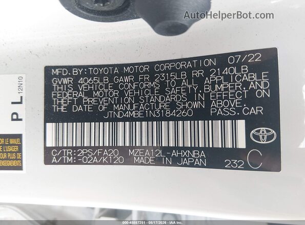 JTND4MBE1N3184260 2022 TOYOTA COROLLA Белый Вид подкапотного пространства