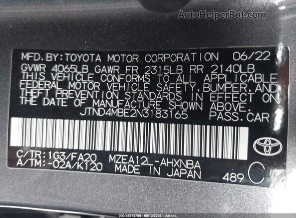 JTND4MBE2N3183165 2022 TOYOTA COROLLA Серый Вид подкапотного пространства