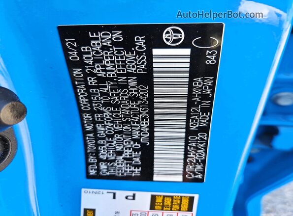 JTND4MBE3M3134202 2021 TOYOTA COROLLA Blue VIN sticker view