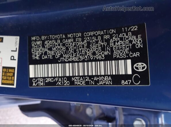 JTND4MBE3P3197983 2023 TOYOTA COROLLA Blue Շարժիչի բաժամունքի տեսք