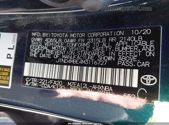 JTND4MBE4M3116727 2021 TOYOTA COROLLA Black Вид підкапотного простору