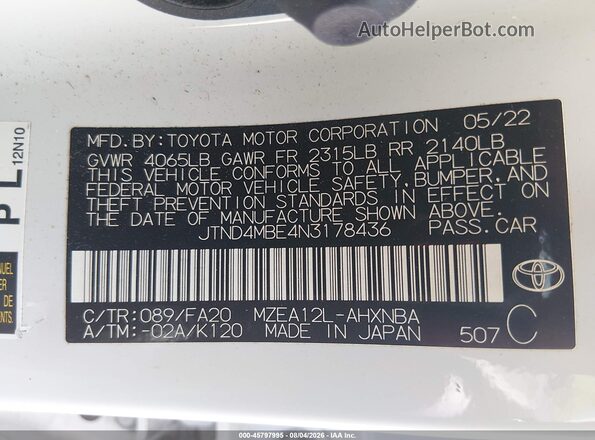 JTND4MBE4N3178436 2022 TOYOTA COROLLA White Vista del compartimento del motor