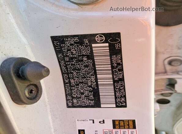 JTND4MBE7N3159458 2022 TOYOTA COROLLA White VIN կոդի պիտակի տեսք