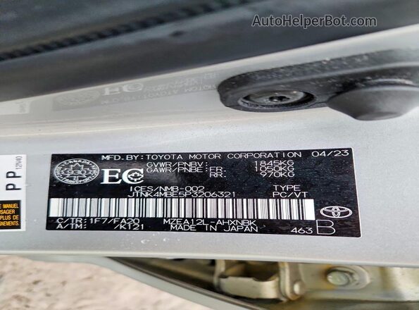 JTNK4MBE5P3206321 2023 TOYOTA COROLLA Silver Вид наклейки з VIN-кодом