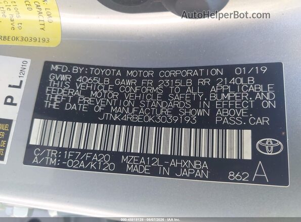 JTNK4RBE0K3039193 2019 TOYOTA COROLLA Серебряный Вид подкапотного пространства